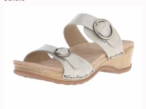 Dansko Manda Slide Oyster Washed Leather Sandals Wedge Size 38 US 7.5 WORN 1x - Picture 1 of 11