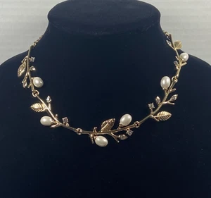 Collana girocollo J Crew rami foglia e perle finte stile vittoriano tono oro - Foto 1 di 11