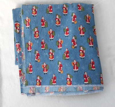 Vintage Blue Christmas Print Cotton Fabric 1.9 Yd x 35"W Santa Claus - Image 1 of 3