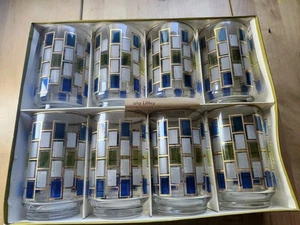 Vintage Libbey Nordic Glasses Set of 8 Blue Green White Gold Rim 4.5" MCM In Box - Picture 1 of 12