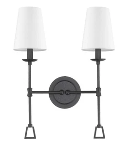 Iron BlacK 2-Light Bath Hall Traditonal iSconce 20"H White Shades Wall Fixture  - Picture 1 of 5
