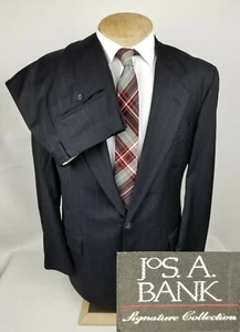 Jos A Bank Signature Suit Mens 43L Black Pinstripe 2 Piece 35x31 2 Button - Picture 1 of 12