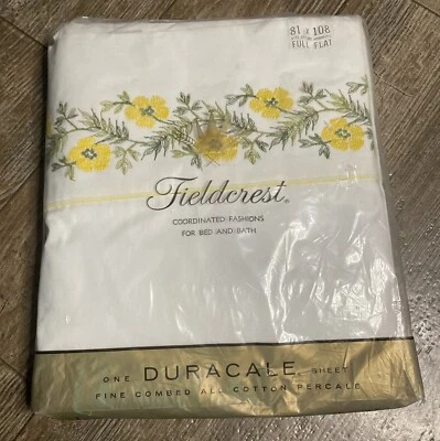 Vintage Fieldcrest Full Flat Sheet Yellow Flower Embroidery No Iron Percale NEW - Image 1 of 4