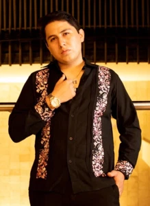 Mens Mexican Wedding Guayabera Black Fabric Long Sleeve Rose Pink Embroidery - Picture 1 of 14