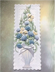 HANDMADE DL CARD TOPPER , CARNATIONS. LACE EFFECT, ANY OCCASION ....BLUE - Picture 1 of 2