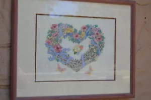 Finished crewel embroidery of heart wreath with butterflies flowers ribbon matte - Picture 1 of 6