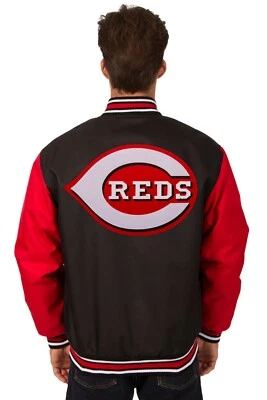MLB Cincinnati Reds Poly Twill Jacket Embroidered  Patches JH Design Black  Red - Image 1 of 4