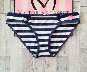 Victoria's Secret PINK Rare Blue Striped Vintage M Bikini Panties Scalloped Lace
