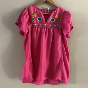 Calypso Christiane Celle Pink Silk Boho Embroidered Short Sleeve Blouse Sz SMALL - Picture 1 of 15