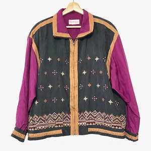 Giacca a vento vintage Rhonda Lynne seta ricamata azteca boho zip XL viola - Foto 1 di 6