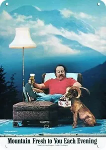1974 RAINIER BIER ikonische 70er Jahre MANN & Bergziege DEKO REPLIK METALLSCHILD - Bild 1 von 1