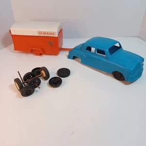 Vintage 1940/50’s Large Lido 9” Blue Plastic Sedan Car & Uhaul Trailer Toy - Picture 1 of 10