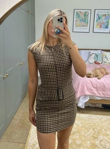 ZARA Brown Checked Fitted Interlock Belted Mini Dress M - Picture 1 of 2