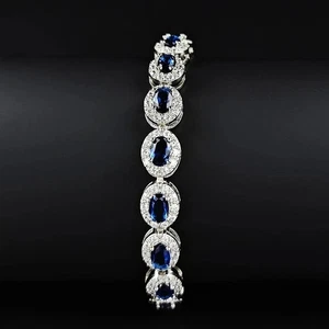 16Ctw Oval Lab Created Blue Sapphire Tennis Women Bracelet 14K White Gold Plated - Picture 1 of 6