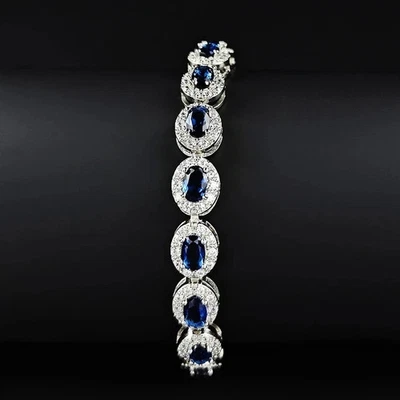 16Ctw Oval Lab Created Blue Sapphire Tennis Women Bracelet 14K White Gold Plated - Image 1 of 4