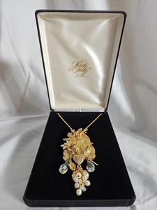 Necklace Kirks Folly Signed Angel Flowers Pearl Grapes Brooch/Pendant Necklace - Picture 1 of 7