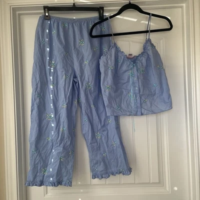 Conjunto de pijama de algodón vintage Y2K Victoria Secret S cintura baja recortado floral azul Foto 1 de 4
