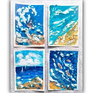 4 Original ACEO Cards Paintings Acrylic Landscape Seas Surfing - Picture 1 of 3