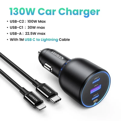 Cargador de Coche UGREEN 130W USB C Para Portátiles Xiaomi iPhone 17 Samsung Galaxy S25 Ta Foto 1 de 4