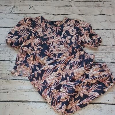 Nicole Miller Navy Blue Rust Botanical Print Linen Blend Top Jogger Pant Set M - Image 1 of 4