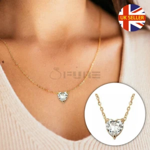 Simple Choker Fashion Simulated Solitaire CZ Heart Pendant Gold Chain Necklace - Picture 1 of 12