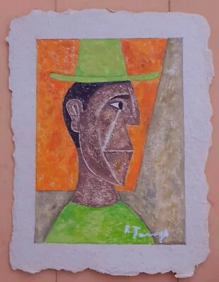 RUFINO TAMAYO 11" X 8.5" -HOMBRE CON SOBRERO VERDE- PINTURA AL ÓLEO SOBRE PAPEL NATIVO Foto 1 de 4