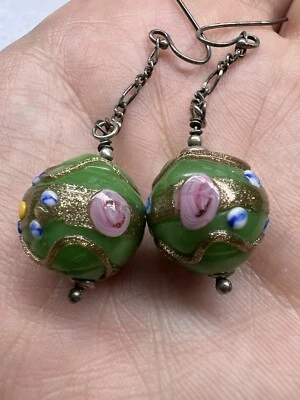 Винтажные висячие серьги из стерлингового зеленого итальянского муранского стекла с бусинами для свадебного торта - Изображение 1 из 4