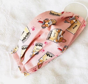 Corgi Boba Tea Pink Face Mask Washable Handmade Made USA 100% Cotton Adults - Picture 1 of 1