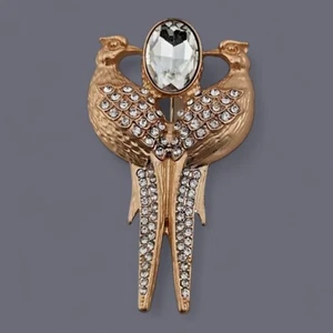 DOUBLE PHEASANT BROOCH art nouveau style crystal matte gold tone bird pin Q4 - Picture 1 of 6