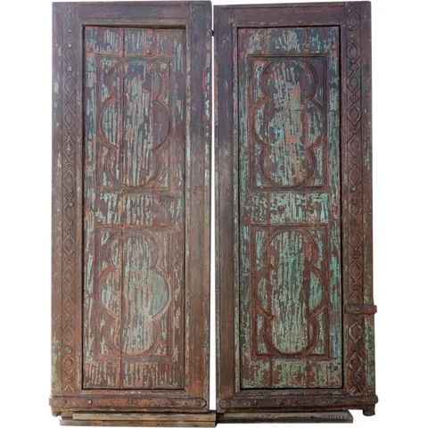 Antique Indian Iron Mounted Painted Teak Panelled Double Door 19th century Cover