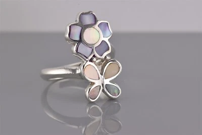 Anillo Plata Esterlina Pastel Mosaico Madreperla Flor Flor Flor Banda 925 Talla: 9 Foto 1 de 4