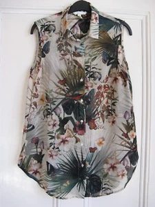 H&M Green Mix Floral Birds Butterflies Sleeveless Chiffon Top Shirt Blouse S 8 - Picture 1 of 3