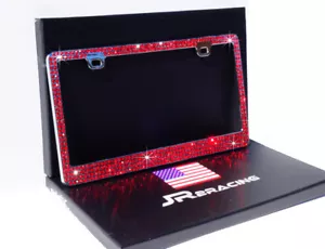 Lujo 4 FILAS ROJO Cristal Estrás Incrustado Cromo Placa Marco-CAJA DE REGALO - Imagen 1 de 4