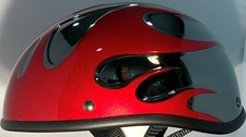 VOSS BLACK CHROME & RED FLAME BEANIE NOVELTY MOTORCYCLE HELMET SUPER LIGHT