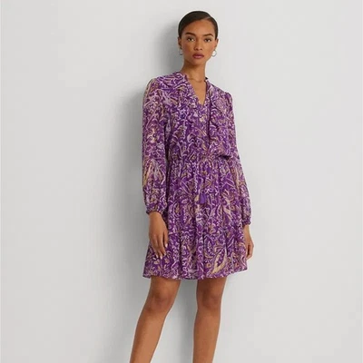 Lauren Ralph Lauren Georgette Blouson 袖连衣裙分层荷叶边 V 领 14 码 — 第 1/4 张图片