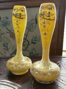 Franz Welz Pair Of Glass Vases Yellow White Splatter Art Glass Vintage UV Glow - Picture 1 of 17