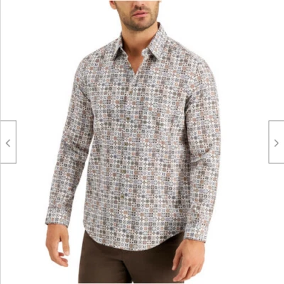 Camisa Tasso Elba Para Hombre Elastizada Estampado Medallón Botón Marfil Marrón Combo,Talla L Foto 1 de 2