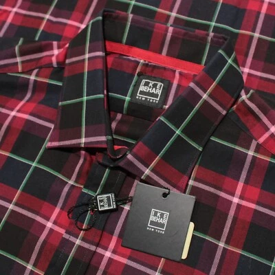 Camisa informal Ike Behar nueva con etiquetas 100 % algodón talla XL en rojo con cuadros negros y verdes Foto 1 de 4