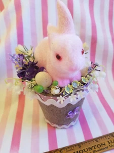Vintage Pink Easter Flocked Bunny Flower Pot Spring Scene Mini Handmade Craft - Picture 1 of 5