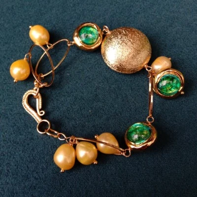 Cultured Golden Rice Pearl Green Murano Glass Brushed Beaded Bracelet For Women - Image 1 of 4