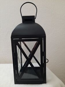 Medium Black Metal Glass Candle Lantern Holder W/Ring Handle Swing Open Door 