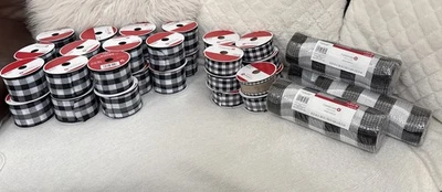 Lot 33 Black & White Rolls 2.5" & 1.5" Wired Gingham Plaid Ribbon  & 4 Mesh - Image 1 of 4