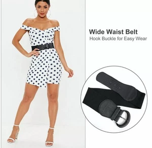 Womens Belt Wide Buckle Elastic Stretch Women Faux Leather Skinny Waist Dress - Picture 1 of 8