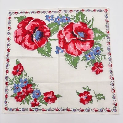 Винтажный льняной красный маки печати и синий цветочный носовой платок белый 12» редкая - Изображение 1 из 4