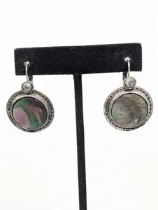 Abalone Shell silver Tone Round Drop earrings Pierced Coastal Boho Beach - Picture 1 of 9