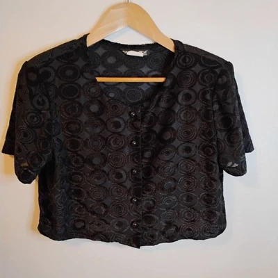 SHARADE Vintage 90s Blk Retro Goth Semi Sheer Velvety Crop Button Blouse Women L - Image 1 of 4