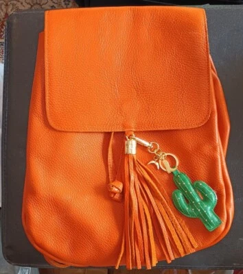 Palo Rosa Genuine Pebbled Leather Orange Drawstring Backpack Tassel EUC 14" Fire - Image 1 of 4