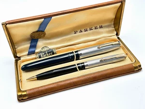 SCARCE NOS? 1942 PARKER 51 CEDAR BLUE & SILVER VACUMATIC FOUNTAIN PEN PENCIL SET - Picture 1 of 18