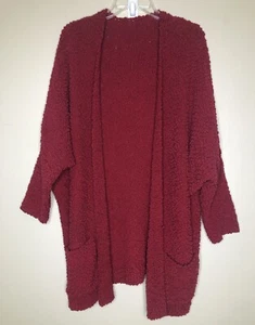 Red Sweater Cardigan Large Oversized Open Front Patch Pockets Nubby Chunky - Picture 1 of 6