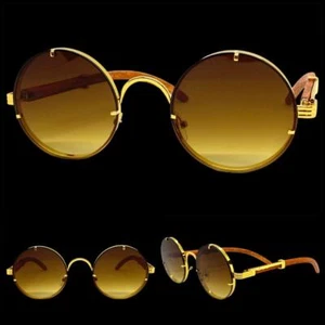 Mens CLASSY Elegant Modern Retro Hip Hop SUN GLASSES Round Gold Frame Honey Lens - Picture 1 of 6